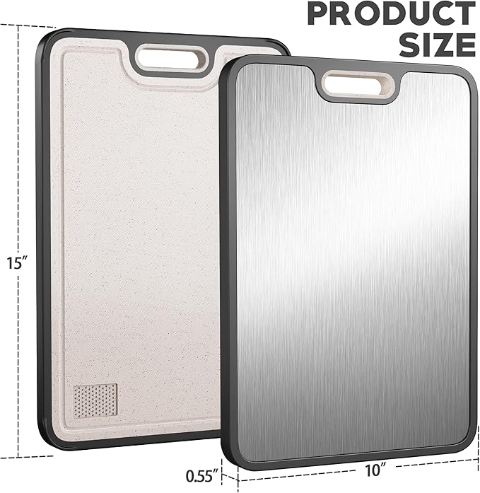 Double-Sided GR1 Titanium&Wheat Straw Cutting Board,15”*10“ Cutting Board for Kitchen, Non toxic Chopping Board for Meat & Vegetables, Non-Slip Silicone Edge, Juice Groove