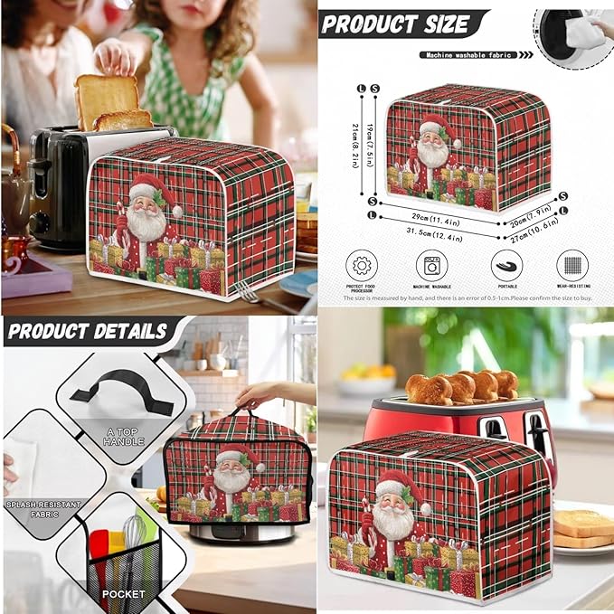 Santa Plaid Pattern Toaster Covers 4 Slice Wide Slot,3Pcs Set Christmas Bread Machine Cover Slow Cookers Cover Blender Covers with Top Handle and Accessories Pocket Counter Decor (Red)