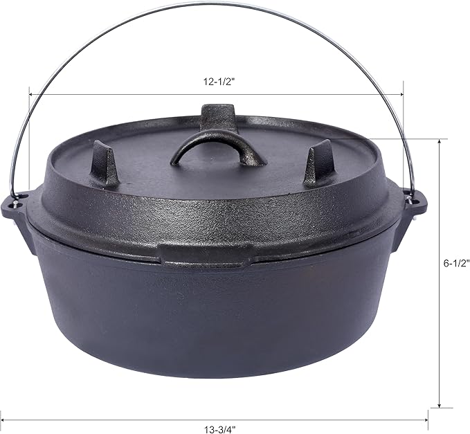 Pre-Seasoned Cast Iron Dutch Oven with Skillet Lid - 6 Quart Outdoor Camping Pot, Iron Pot Rack Included for Fireplace BBQ, Baking & Campfire Cooking