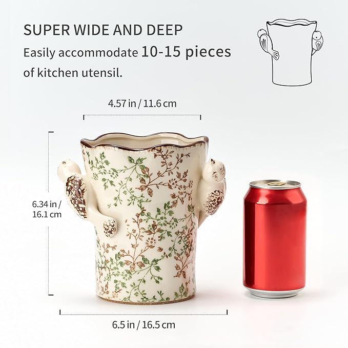 6.34“H Utensil Holder for Kitchen Counter, Modern Farmhouse Cooking Utensil Holder and Crock Home Kitchen Decor, Ceramic Utensil Organizer for Spatula, Ladle, Eggbeater, Rolling Pin- Green and Beige