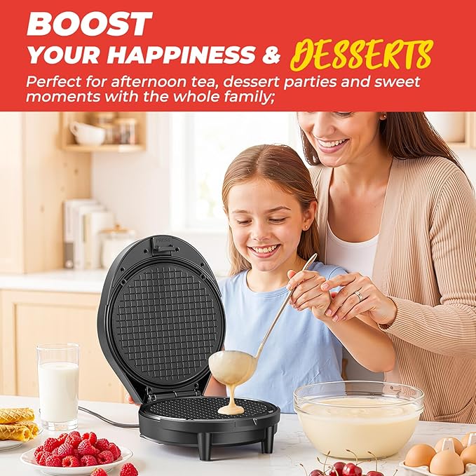 Waffle Cone Maker and Ice Cream Cone Maker with Cone Roller, 1000W Double Side Even Heating Thin Waffle Maker, Makes Crispy Waffle Cones, 7.5" Nonstick Plate Waffle Cone Maker Machine, Easy to Clean