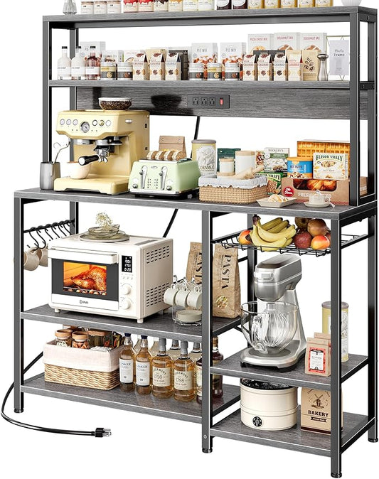 SUPERJARE Bakers Rack with Power Outlet, 47.2 Inches Coffee Bar with Wire Basket, Kitchen Microwave Stand with 6 S-Shaped Hooks, Open Storage Shelves, Grey