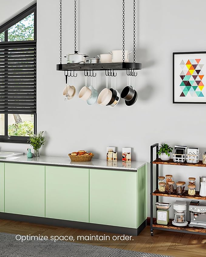31.7-Inch Hanging Pot Rack, Space-Saving Pot Hanger for Kitchen, Ceiling Pan Hanging Rack with 16 Detachable S Hooks, Sturdy Metal Frame, Industrial Style, Charcoal Black and Black TPR09BC