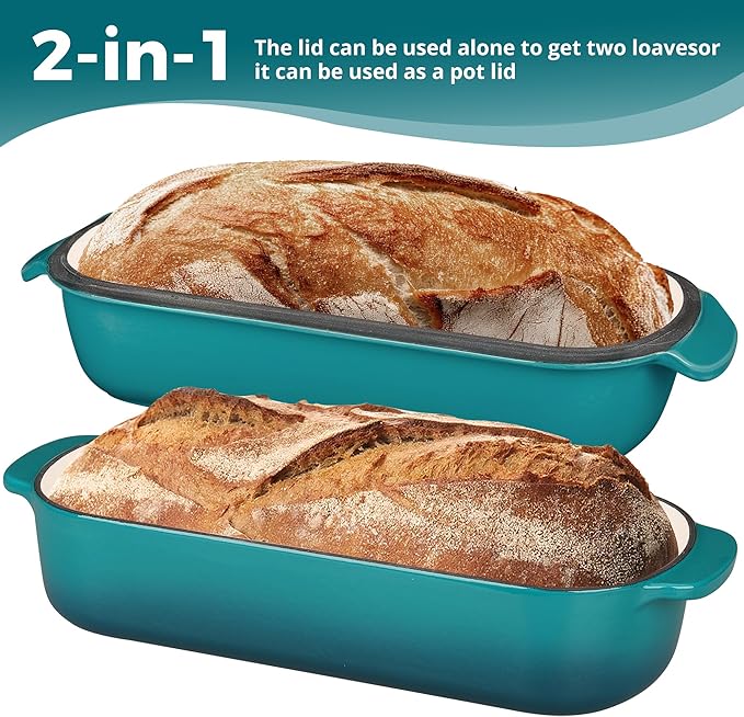 Enameled Cast Iron Loaf Pan with Lid, Bread pan, Dutch Oven Bread pan for Homemade Sourdough Bread Baking, 12.5x5.5 inch, 5qt, Darkcyan