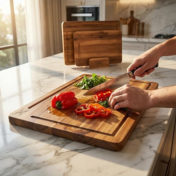Acacia Wood Cutting Board Set of 3 with Stand - (16x12 / 14x10 / 12x8) Thick Wooden Chopping Boards with Deep Juice Grooves, Non-Slip & Durable Wooden Boards for Meat & Vegetables - Natural