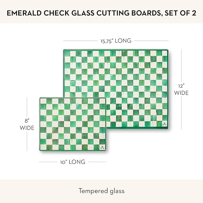 MACKENZIE-CHILDS Set of 2 Tempered Glass Cutting Boards, Countertop Cutting Boards, Green-and-White Emerald Check