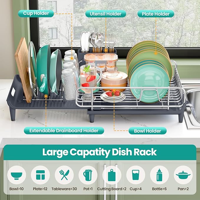 TOOLF Dish Drying Rack - Large Expandable Dish Rack for Kitchen Counter, Stainless Steel Dish Drainer for Kitchen Organization with Cutlery ＆ Cup Holder,Gray