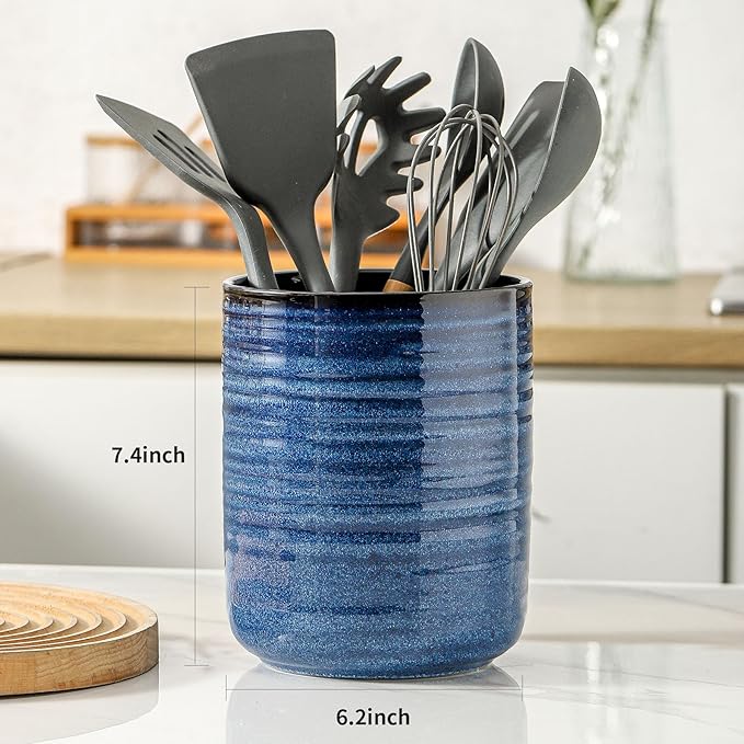 HASENSE Kitchen Utensil Holder, 7.4" x 6.2" Ceramic Utensil Holder for Countertop, Stable Cooking Utensil Organizer Crock for Spatula, Modern Kitchen Decor, Blue