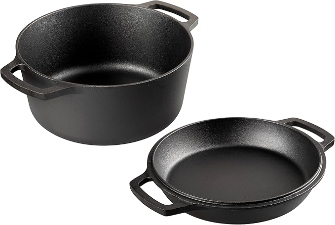Pre-seasoned Cast Iron Double Dutch Oven Pot with Skillet Lid, Dual-handle, for Bread Baking, Outdoor, Campfire Cooking, include Sourdough Bread Baking Supplies like Banneton Bread Proofing Basket, 5 Quart