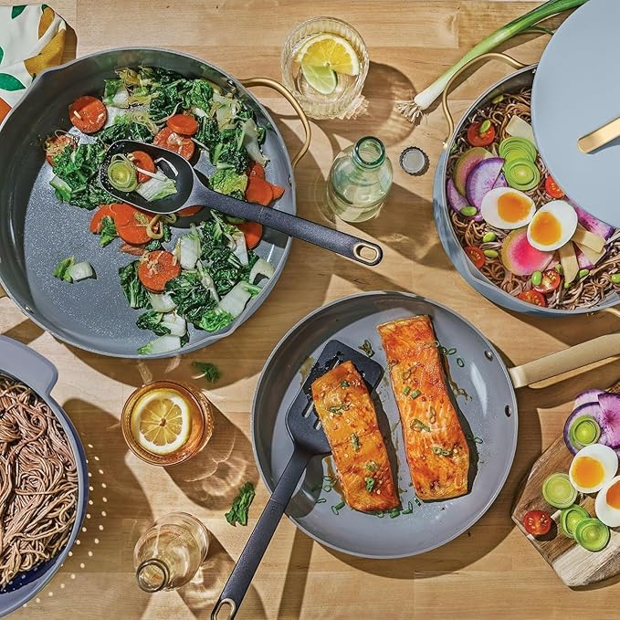 Pans12pc Ceramic Non-Stick Cookware Set by Drew Barrymore, Pots & Pans with Lids, Dishwasher‑Safe,Soft‑Touch Handles, Even‑Heat Base. (Cornflower Blue)