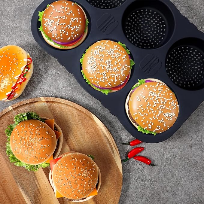 Set of 5 Silicone Hamburger Bun Mold, 4/6/9 Cup Silicone Hotdog Bun Pan with Spatula Brush, Mini Baguette Pans Bread Baking Pan for Homemade Hamburger Buns
