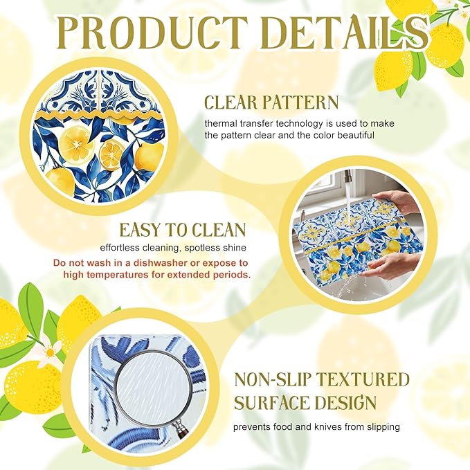 2 Pack Glass Cutting Board for Kitchen, Lemon Tempered Glass Cutting Board with Handles Set Gifts Charcuterie Cheese Snack Boards Decorative, 16 x 12 Inches and 12 x 8 Inches(Blue Lemon)