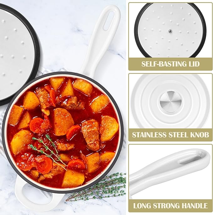 E-far Enameled Cast Iron Sauce Pan, 3 Quart Dutch Oven Saucepan with Lid, Small Sauce Pot for Cooking, Boiling, Healthy & Non Toxic, Induction & Oven Safe, White
