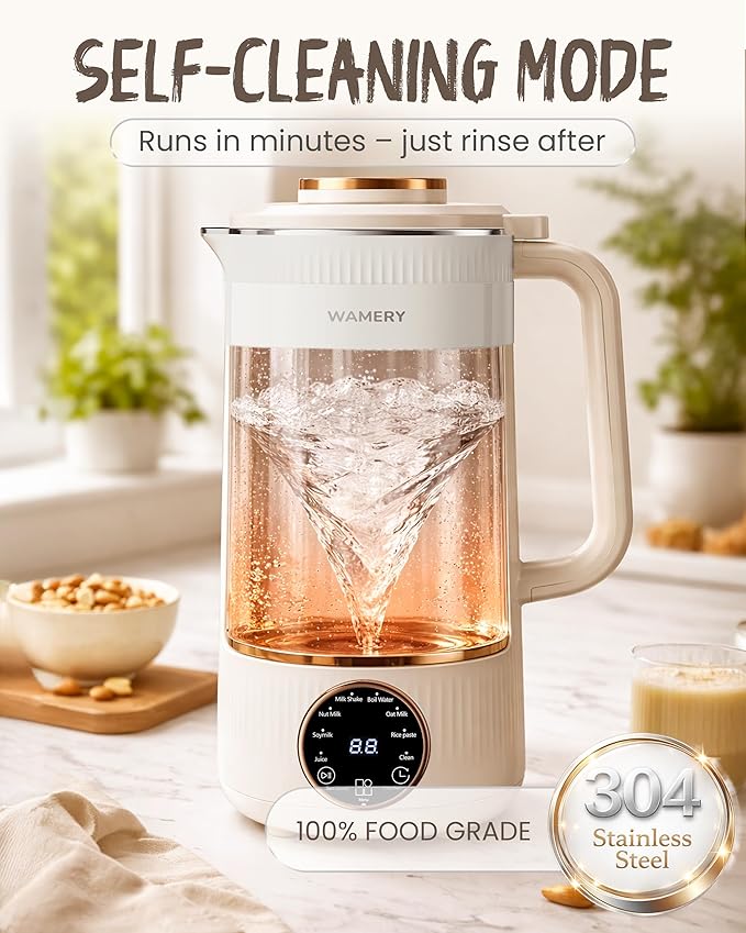 Wamery 32oz Nut Milk Maker Machine - Plant‑Based Milk Maker for Almond, Oat & Soy, Automatic Heated Programs, Self‑Cleaning, Delay Start, Keep Warm & Boil Water, 1‑Liter Capacity with Starter Kit