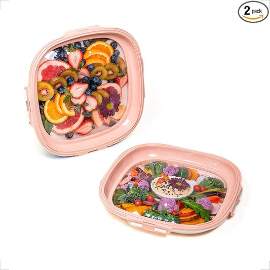 Crudités | Portable Snack Tray | Square 2-Pack | Coral Pink | Reversible Stretch Lid Food Containers | BPA-Free, Freezer & Dishwasher Safe | Meal-Prep, Charcuterie, Salads, Picnic, Travel