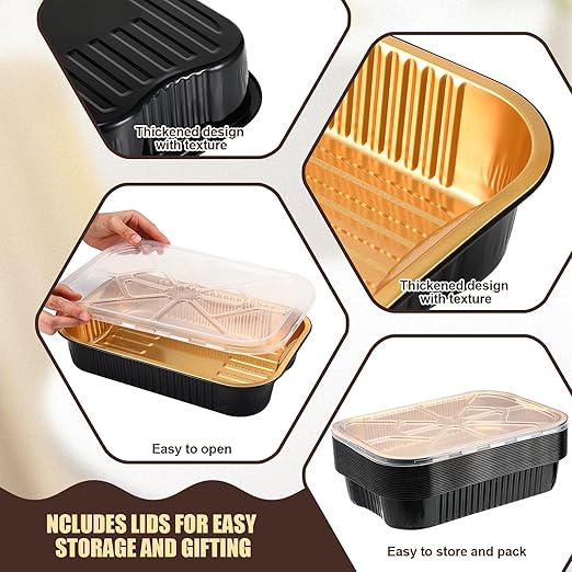 Baderke 30 Set 9x13 Heavy Duty Aluminum Pans with Lids Double Thick Aluminum Foil Baking Pan Food Container for Heating Cooking Meal Prep Storage Freezer and Takeout (Black Gold)