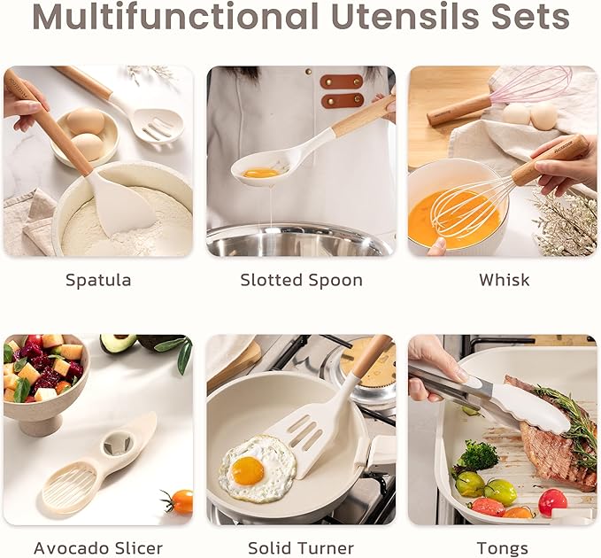 Astercook Silicone Cooking Utensils Set, 38 PCS Kitchen Utensils Set for 446°F Heat Resistant, Food Grade Utensil Sets with Wooden Handle, Kitchen Gadgets for Nonstick Cookware BPA Free (White)