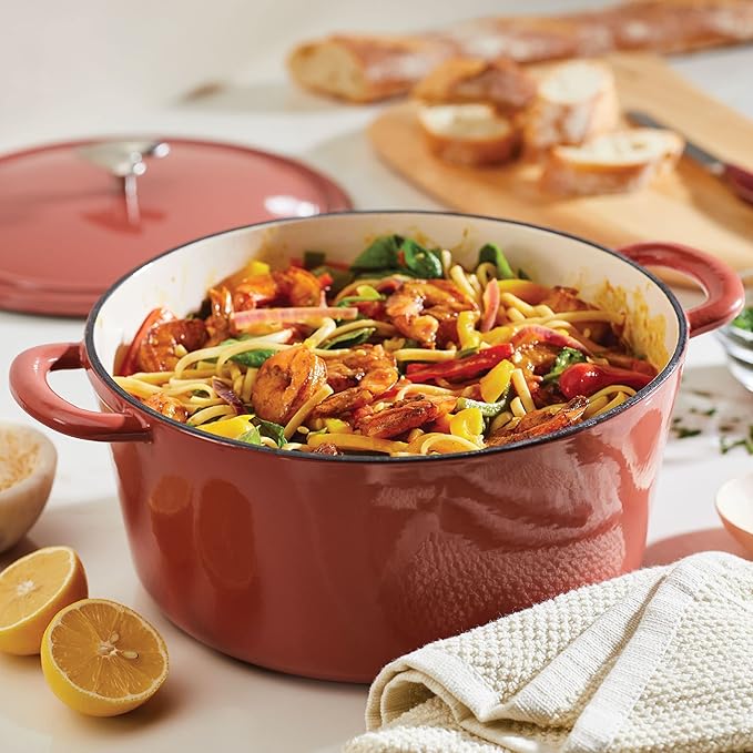 Ayesha Curry Kitchenware Enameled Cast Iron Dutch Oven/Casserole Pot with Lid, 6 Quart, Redwood Red