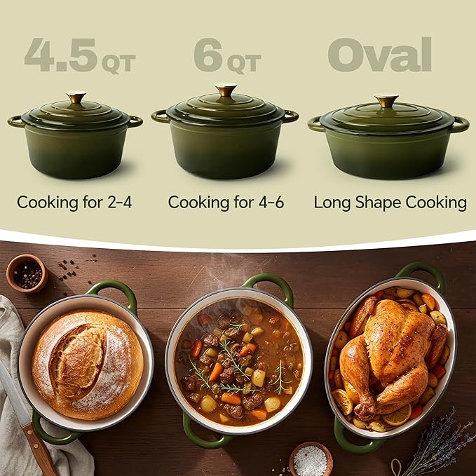 Vintage Style 4.5 Quart Dutch Oven Pot with Lid, Non Stick Enameled Cast Iron Dutch Oven for Bread Baking, Heavy-Duty, Oven Safe Ceramic Cookware Up to 500°F for Baking, Braising, Stews, Roasting, Golden Green
