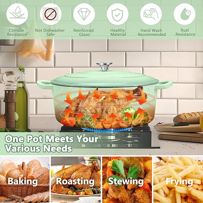 TeamFar Oval Dutch Oven, 5qt Enameled Cast Iron Dutch Oven Pot with Lid, For Bread Baking/Stewing/Braising/Frying, Suitable for Various Stoves, Dual Handles & Easy Cleanup, Pistachio Green