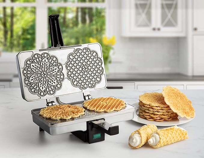 Pizzelle Maker- Polished Electric Baker Press Makes Two 5-Inch Cookies at Once, Even Heating Plates- Must Have Party Baking Supplies - Italian Easter Dessert Treat Making w Recipe Guide- Gift for Her