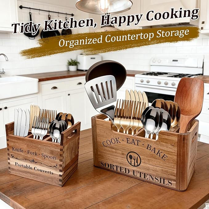 2-in-1 Upgraded Kitchen Utensil Holder for Counter or Countertop, Extra Large Utensil Holder with Removable Portable Organizer, Acacia Rustic Wooden Utensil Holder for Storage Cooking and Silverware