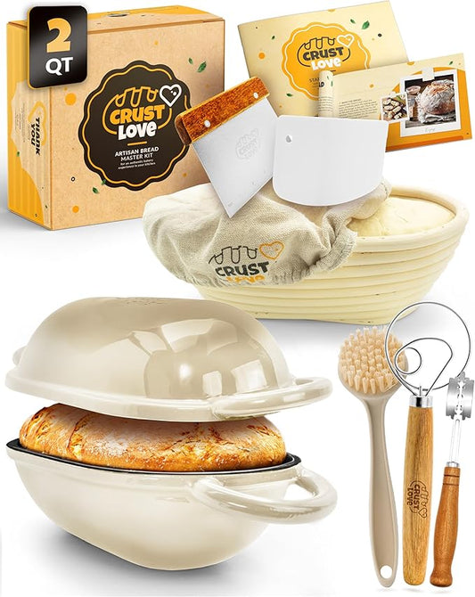 Loaf Pan for Bread Baking - incl. Sourdough Bread-Baking Supplies like Banneton Bread-Proofing Basket - 2QT Enameled Oval Cast Iron Dutch Oven, Bread-Oven, Sour Dough Bread-Banking-Pan Tools