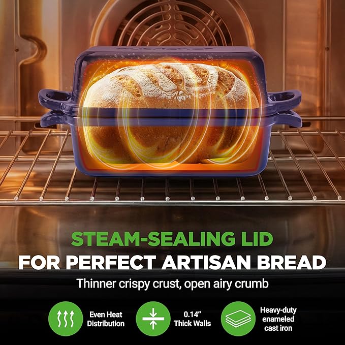 NutriChef 9x5" Enameled Cast Iron Loaf Pan with Lid, Enamel-Coated Baking Loaf Pan for Sourdough, Oven Safe, Nonstick Bread Pan with Silicon Gloves, Dishwasher Safe, Blue