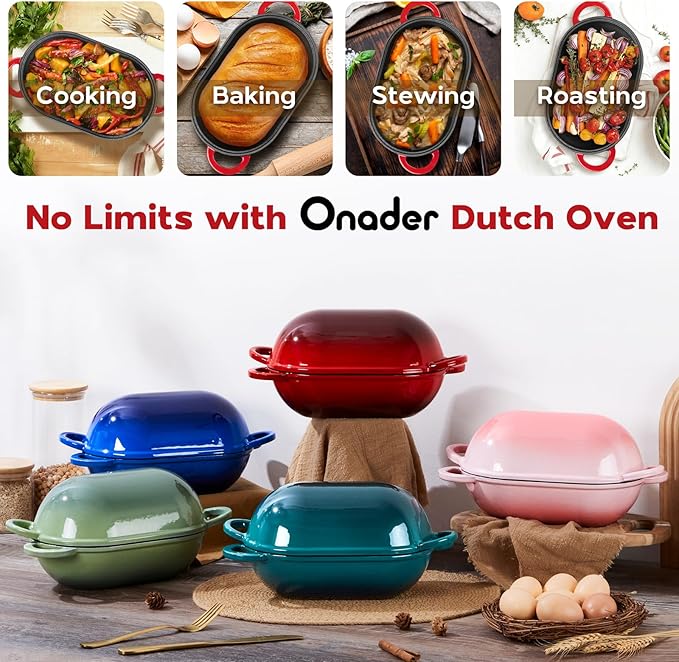Onader Oval Dutch Oven for Bread Baking, 9x5-1/2 Inch Cast Iron Sourdough Bread Loaf Pan with Lid, Enameled Cast Iron Dutch Oven Pot, 2.8QT Meatloaf Pan, Heavy Duty - Red