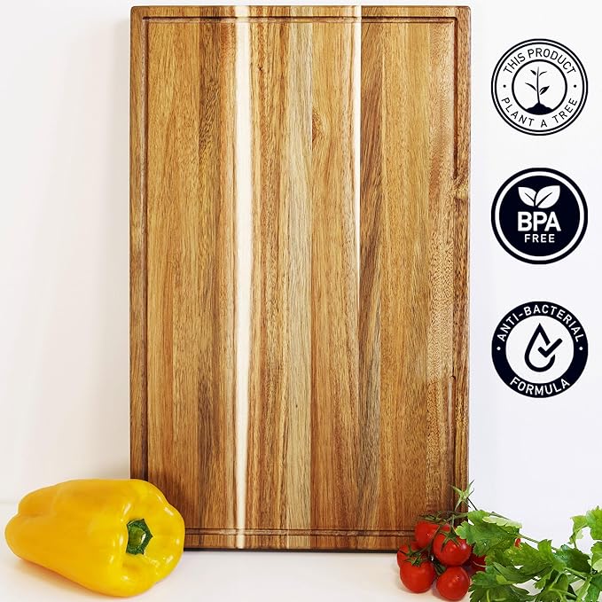 Acacia Wood Cutting Board for Kitchen, 15.7 x 10.2 Inch (ExtraThick 1.6") Wooden Chopping Board for Meat, Cheese, Charcuterie Boards with Handles. Premium Quality Butcher Block (Oil & Plate Included)