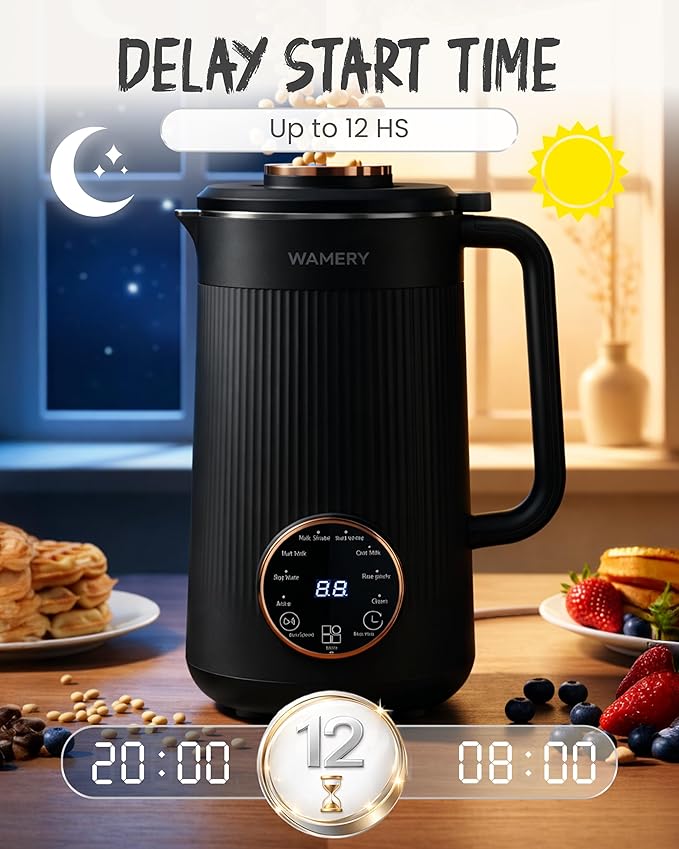 Wamery 32oz Nut Milk Maker Machine (Black) - Soy Milk Maker for Almond & Oat, Automatic Heated Programs, Self‑Cleaning, Delay Start, Keep Warm & Boil Water, 1‑Liter Capacity with Starter Accessories