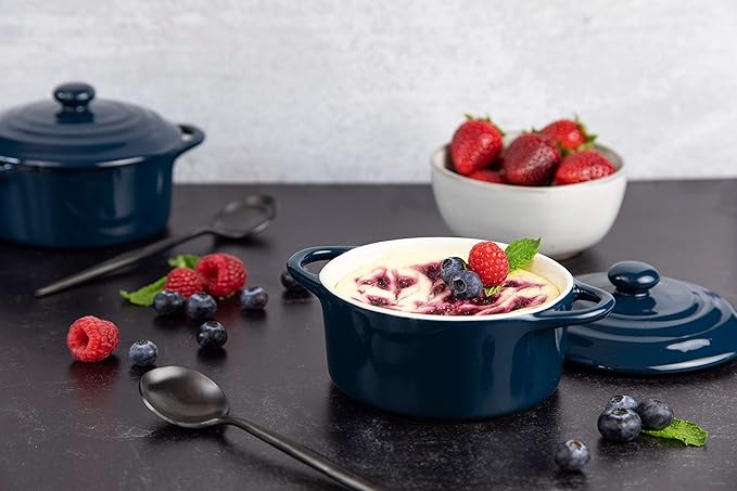 Kook Ceramic Mini Cocotte Set, Small Casserole Dishes with Lids and Handles, Individual Baking Ramekins, Oven safe 500F, Microwave & Dishwasher Safe, Stoneware, 12 oz, Set of 4, (Navy)