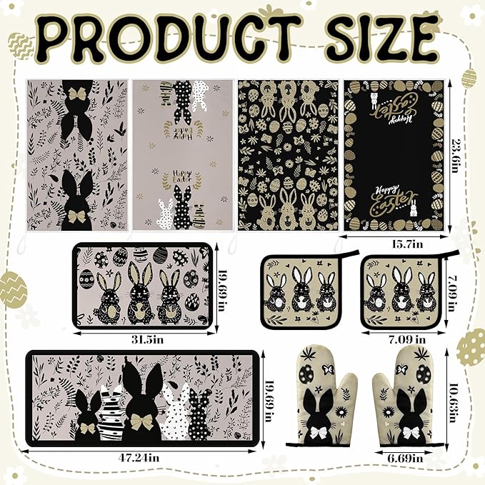 10 Pcs Easter Kitchen Decor Set Easter Kitchen Towels Oven Mitts and Pot Holder Spring Bunny Eggs Flowers Rugs and Mats Black Rabbit Gloves Potholders for Farmhouse Rustic Baking Cooking BBQ