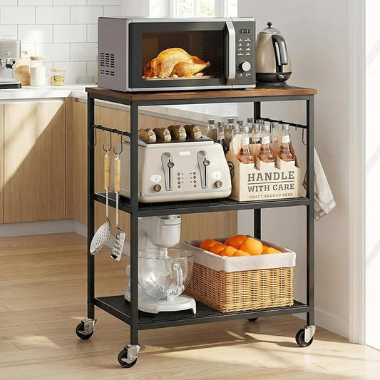 3-Tier Rolling Kitchen Microwave Cart, Kitchen Utility Cart on Lockable Wheels, Coffee Bar Table Station with 6 S-Shaped Hooks, Small Appliance Storage Shelf, Rustic Brown and Black