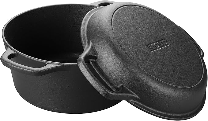 Pre-Seasoned Cast Iron Dutch Oven Pot with Skillet Lid Cooking Pan, 2-in-1 Sourdough Bread Baking Pan with Proofing Basket and Baking Supplies, 5QT