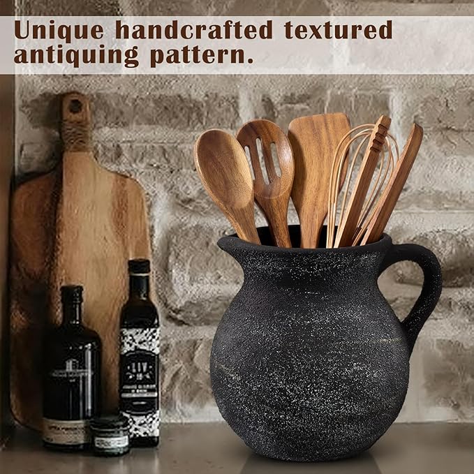 Rustic Kitchen Utensil Holder with Handle,7 Inch Ceramic Vintage Utensil Crock for Countertop, Farmhouse Kitchen Decoration Ceramic Pot for Spatulas Spoons Tongs(Classic,Antique Black Gold)