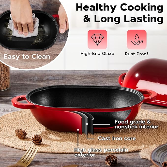 Onader Oval Dutch Oven for Bread Baking, 9x5-1/2 Inch Cast Iron Sourdough Bread Loaf Pan with Lid, Enameled Cast Iron Dutch Oven Pot, 2.8QT Meatloaf Pan, Heavy Duty - Red