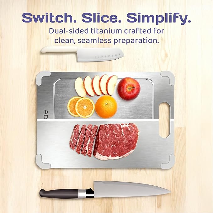 Adivo 100% Pure Titanium Cutting Boards for Kitchen, Double-Sided Pure Titanium Cutting Board with Juice Groove, Easy to Clean Chopping Board for Meat Vegetables Fruit, Dishwasher Safe (13.4x9) Medium