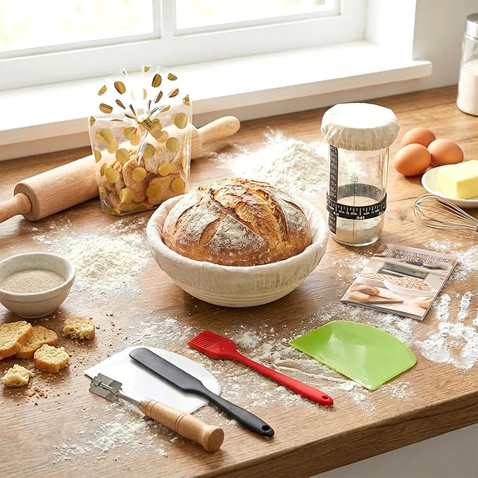 Sourdough Starter Kit Includes Round and Oval Proofing Baskets, Bread Hoops, Fermentation Jars, Dough Scrapers, Molds, and Storage Bags, A Complete Set of Bread Baking Tools (56PCS)