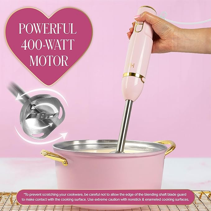 Paris Hilton Hand Blender Set, 2-in-1 Immersion Stick Blender with Whisk & Blending Shaft, 400W High Speed, Pink with Gold Accents – Smoothies, Soups, Sauces, Baby Food, Whipped Cream, Pink