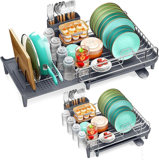 TOOLF Dish Drying Rack - Large Expandable Dish Rack for Kitchen Counter, Stainless Steel Dish Drainer for Kitchen Organization with Cutlery ＆ Cup Holder,Gray