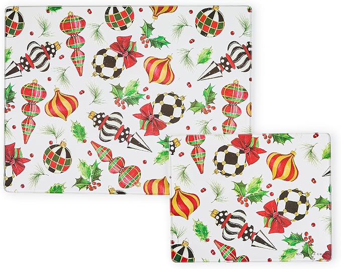 MACKENZIE-CHILDS Set of 2 Tempered Glass Cutting Boards, Countertop Cutting Boards, Deck the Halls