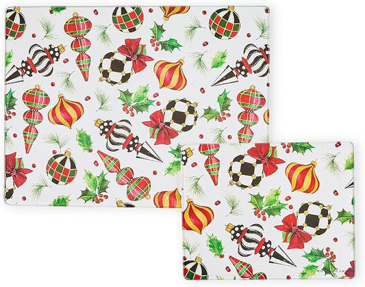 MACKENZIE-CHILDS Set of 2 Tempered Glass Cutting Boards, Countertop Cutting Boards, Deck the Halls