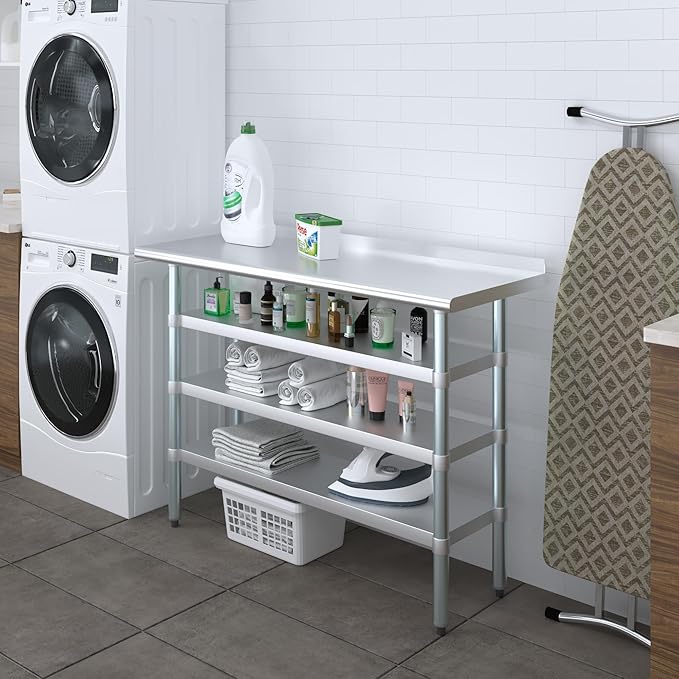 AmGood Stainless Steel Work Table with 1.5" Backsplash and 3 Shelves | Metal Kitchen Food Prep Table | NSF (48" Long x 18" Deep)