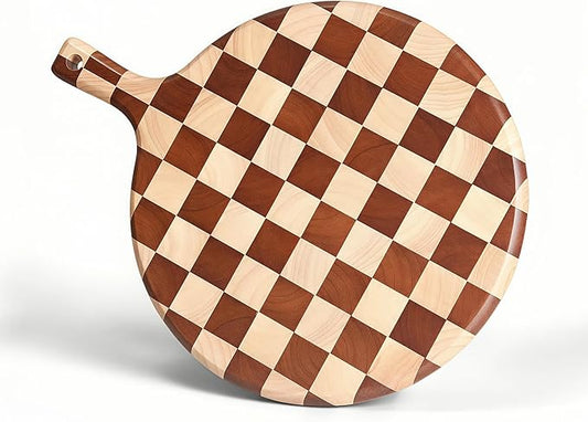 Checkered Round Cutting Board with Handle for Kitchen Decor, 17"L x 13"W x 1" Thick – Wooden Chopping, Cheese & Charcuterie Board in Acacia Wood, Decorative Serving Platter for Meat, Bread & Pizza