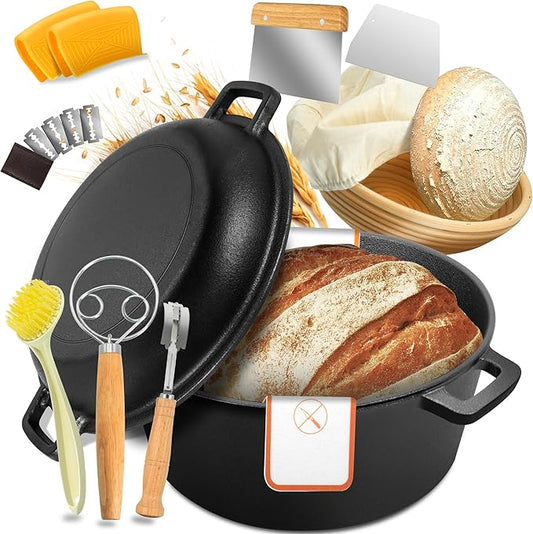 Cast Iron Dutch Oven for Bread Baking, 5 QT Pre-Seasoned Pot with Skillet Lid, Includes Sourdough Bread Baking Supplies, Cast Iron Pot for Frying, Braising, BBQ