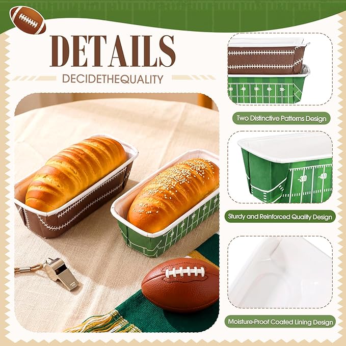 Honeydak 100 Sets Football Game Paper Baking Pans Bulk Paper Mini Loaf Pans with Bags for Baking 6.3 x 2.2 x 2.2 in Disposable Serving Trays Field Ball Pattern the Big Game Party Supplies (Football)