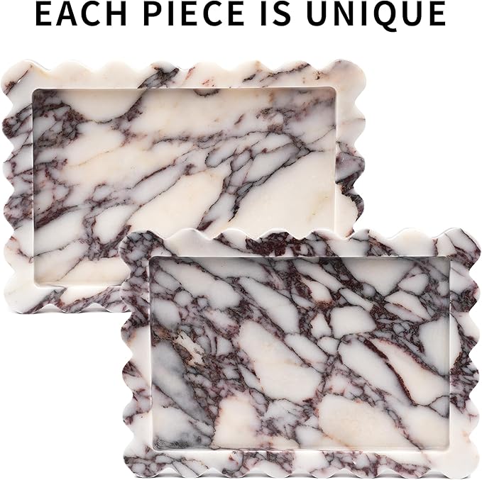Scalloped Vanity Marble Tray - Large Home Decorative Stone Perfume Candle Plates for Bathroom Accessories Coffee Table Bar, Luxury Antique Key Dish for Kitchen Countertop (10.6" x 7.4" x 0.8")