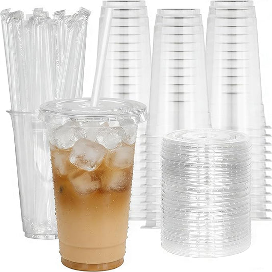 24 oz 100 Pack Disposable Clear Plastic Cups with Lids and Straws, Food Safe Bulk Iced Coffee Cups for Smoothies, Milkshakes and Other Cold Drinks