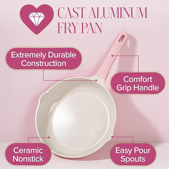 Paris Hilton Ceramic Cast Aluminum Nonstick Fry Pan, Fast & Even Heating with Easy Pour Spouts & Comfort-Grip Handle, 11-Inch, Pink